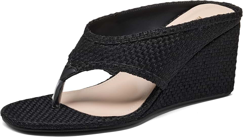 Women's Wedges Heeled Slippers Fabric Heels Slip on Comfy Evening Dress Woven Sandals Square Toe Shoes for Women 3.3" Heels