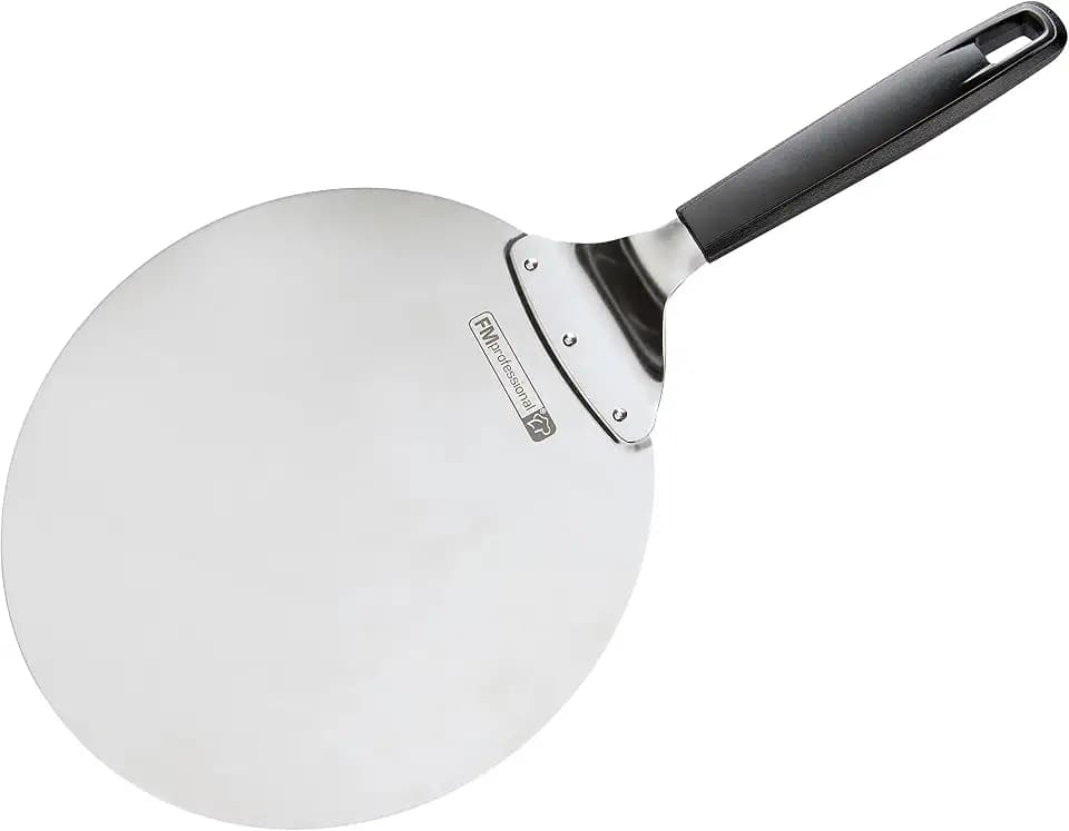 FMprofessional Pizzaheber/Servierheber BBQ, hochwertige Pizzaschaufel aus Edelstahl, runder Wender mit Kunststoffgriff (Farbe: Schwarz/Silber), Menge: 1 Stück