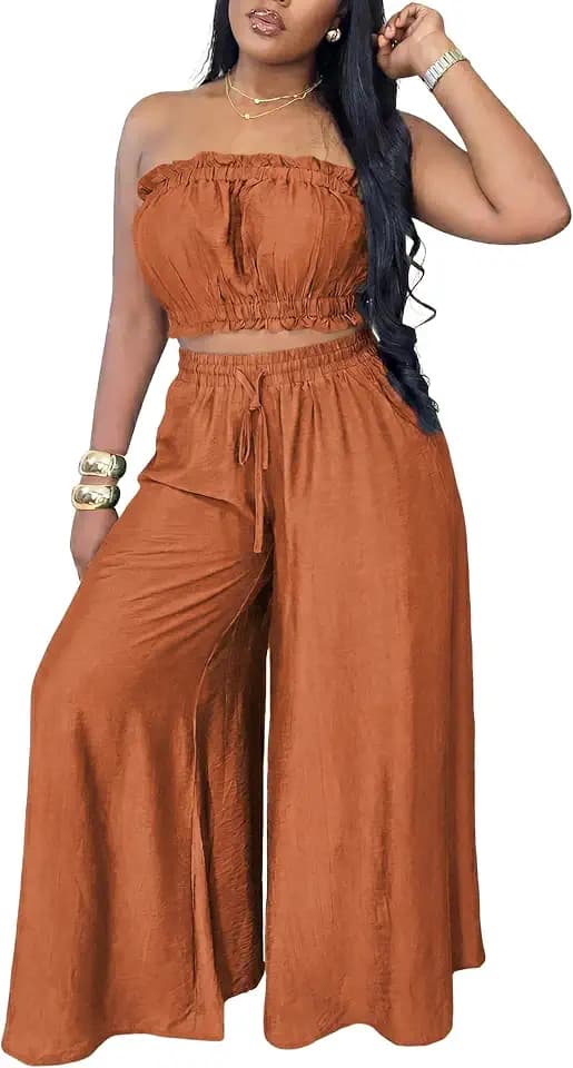 Womens Two Piece Sets Summer Outfits Sleeveless Crop Tops and Wide Leg Baggy Pants Beach Vacation Casual Jumpsuits