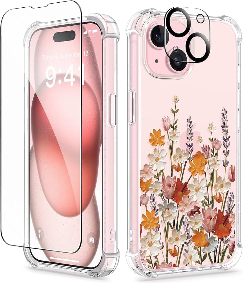 GVIEWIN for iPhone 15 Case Floral, Screen Protector & Camera Lens Protector