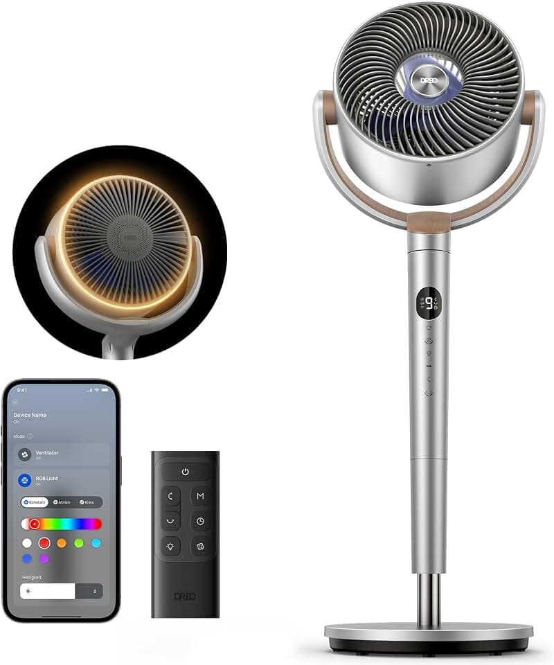 DREO Smart Standventilator mit RGB-Licht, 120°+120° Oszillation, Leiser 20 dB Bodenventilator mit Fernbedienung, 8H Timer, für Schlafzimmer, Silber