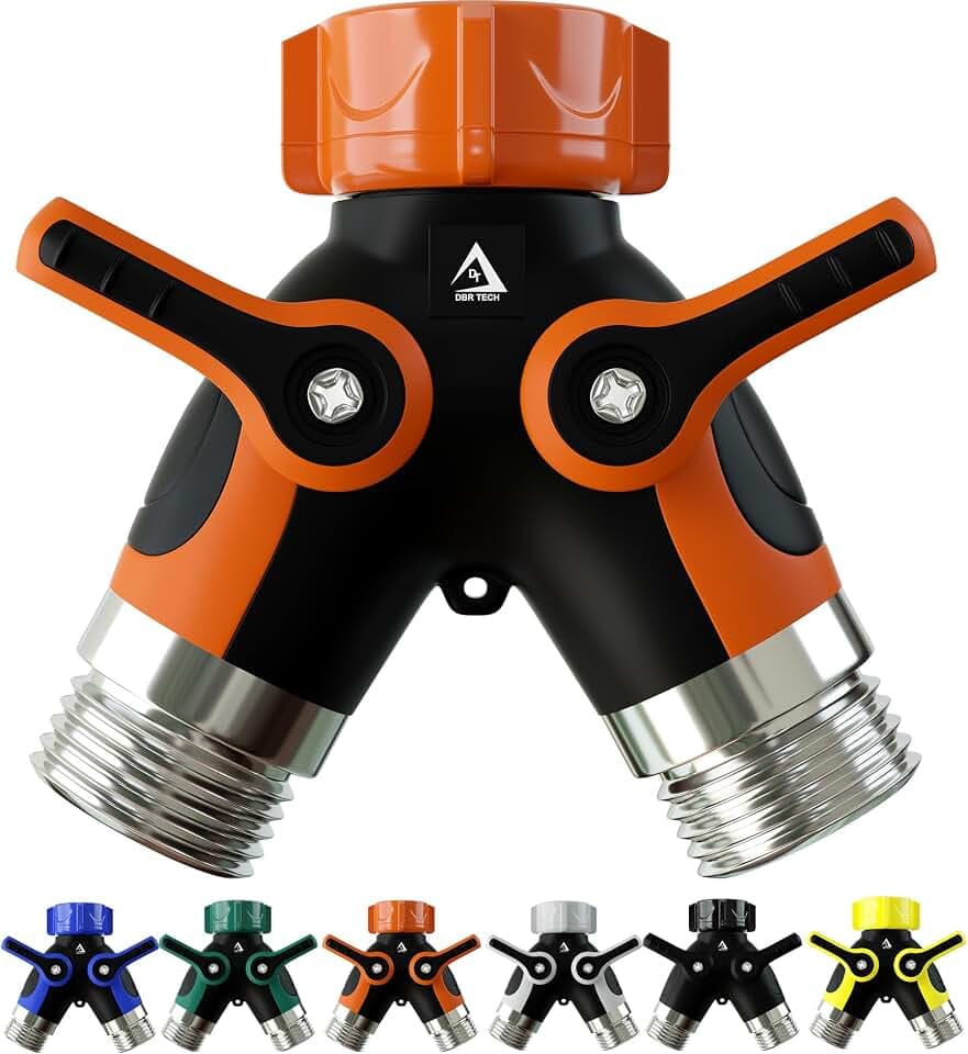 Hose Splitter 2 Way, Heavy Duty Metal Connector, Two Way Garden Hose Splitter, High Flow Spigot Faucet Bib Adapter, Solid Double Y Shut Off Valve for Outdoor Gardening Hoses, Orange