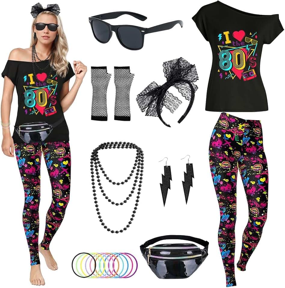80er Jahre Kostüm Outfits für Damen, 1980er Jahre Verkleidung mit T-Shirt Pantalon Accessoires Sets, Neon Kleidung für Karneval Party