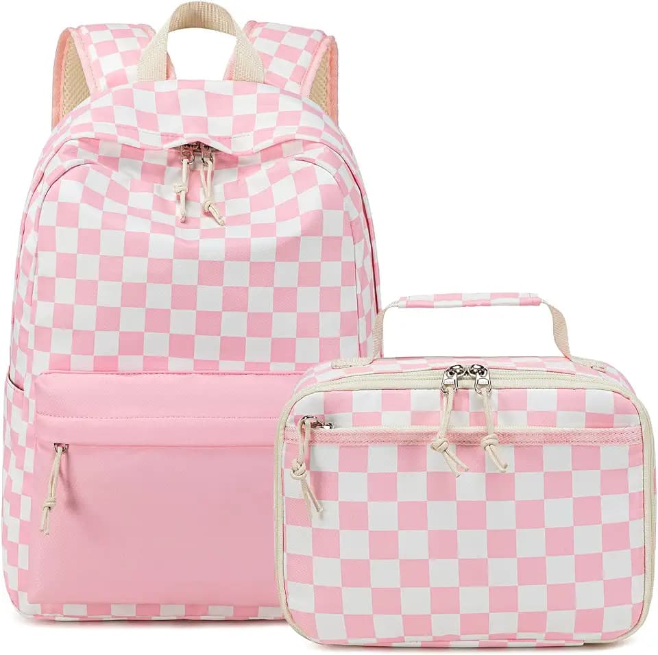 LEDAOU Girls Backpack with Lunch Box Set, 16 Inch School Backpack for Girls Ages 5-10, Cute Checkered Kids Bookbag for Preschool Kindergarten Elementary, Water Resistant School Bag