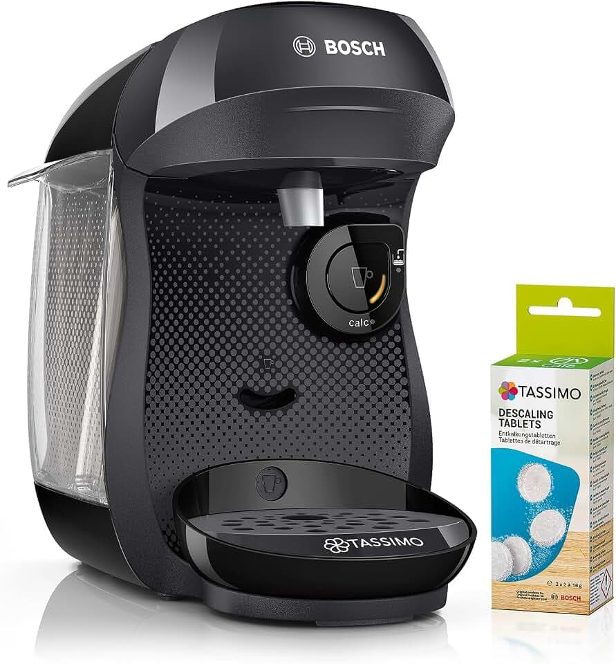Bosch Tassimo happy friendly Kapselmaschine TAS102EA, über 70 Getränke, geeignet für alle Tassen, Abschaltautomatik, inkl. Entkalkungstabletten, platzsparend, 1400 W, schwarz