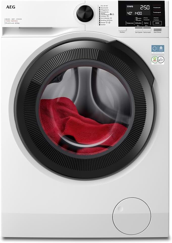 AEG Serie 7000 Waschtrockner, Waschen 8 kg, Trocknen 5 kg, LWR7AMZ48WD | Für Familien, ProSteam Kleidung mit Dampf auffrischen, reduziert Falten, NonStop 1 kg in 1 h ohne langes Warten, 1400 U/min