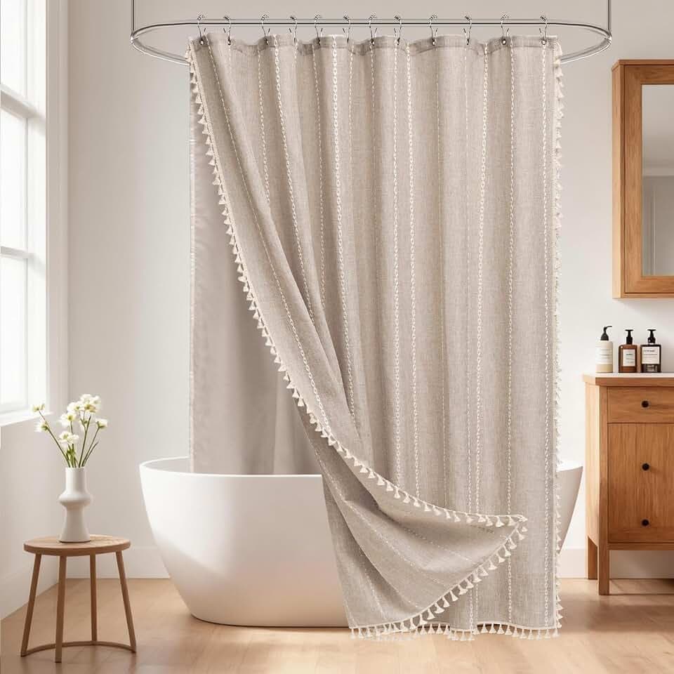 Seenus Boho Farmhouse Shower Curtain and Fabric Liner Set, Heavyweight Linen Textured Fabric Shower Curtain Taupe with Tassels, 2 in 1 Waterproof Fabric Shower Curtain Set for Bathroom, 72x72 Inch