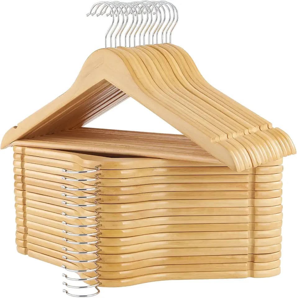 Wooden Hangers, 30 Pack Slim Wood Coat Hangers with Extra Smooth Finish, Precisely Cut Notches and Chrome Swivel Hook, Wooden Clothes Hangers for Shirt Suit Jacket Dress, Natural
