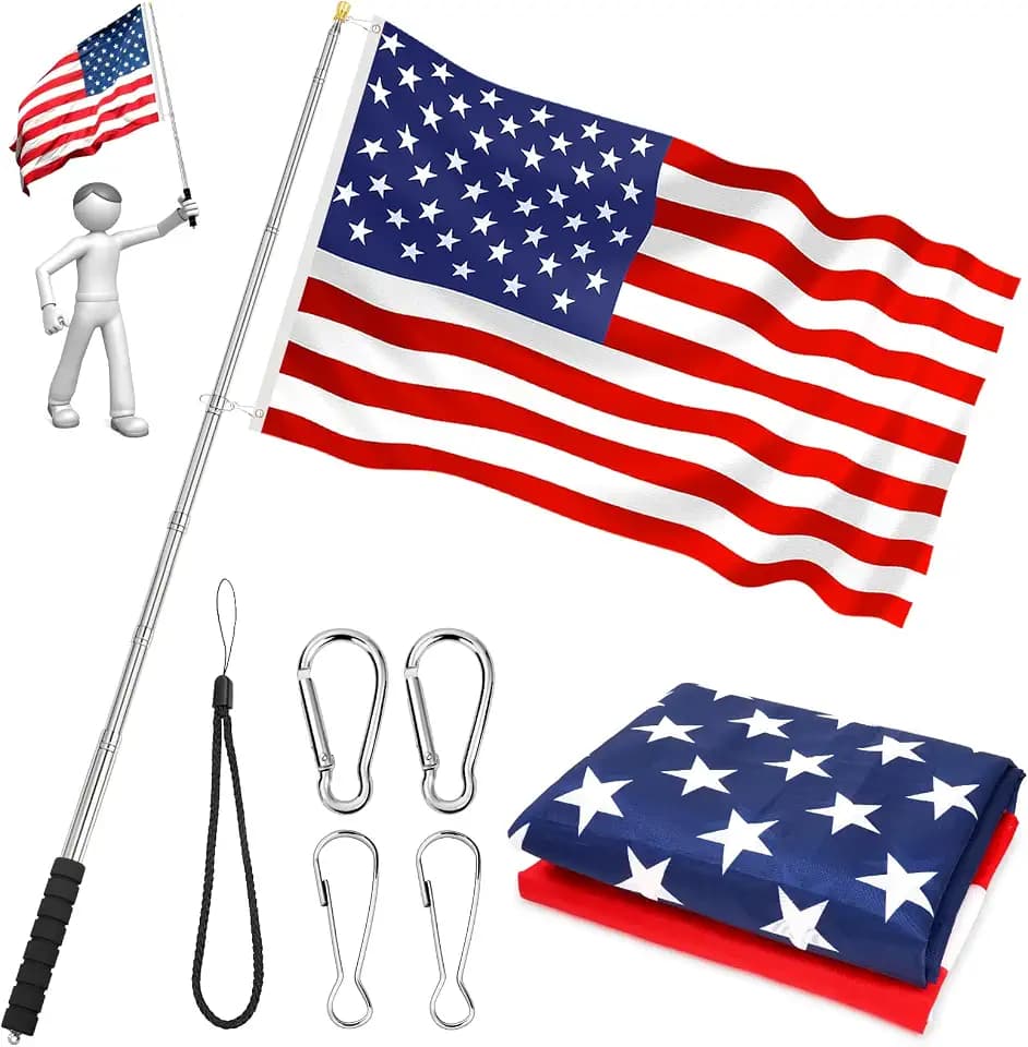 Telescopic Portable Handheld Flag Pole and 3'x5' American US Flag & 4 Clips, 8.2Ft/2.5M Extendable Hand Carry Flagpole, Retractable Stainless Steel Travel Tour Guide Flag Pole, Fit for 3x5 4x6 Flags
