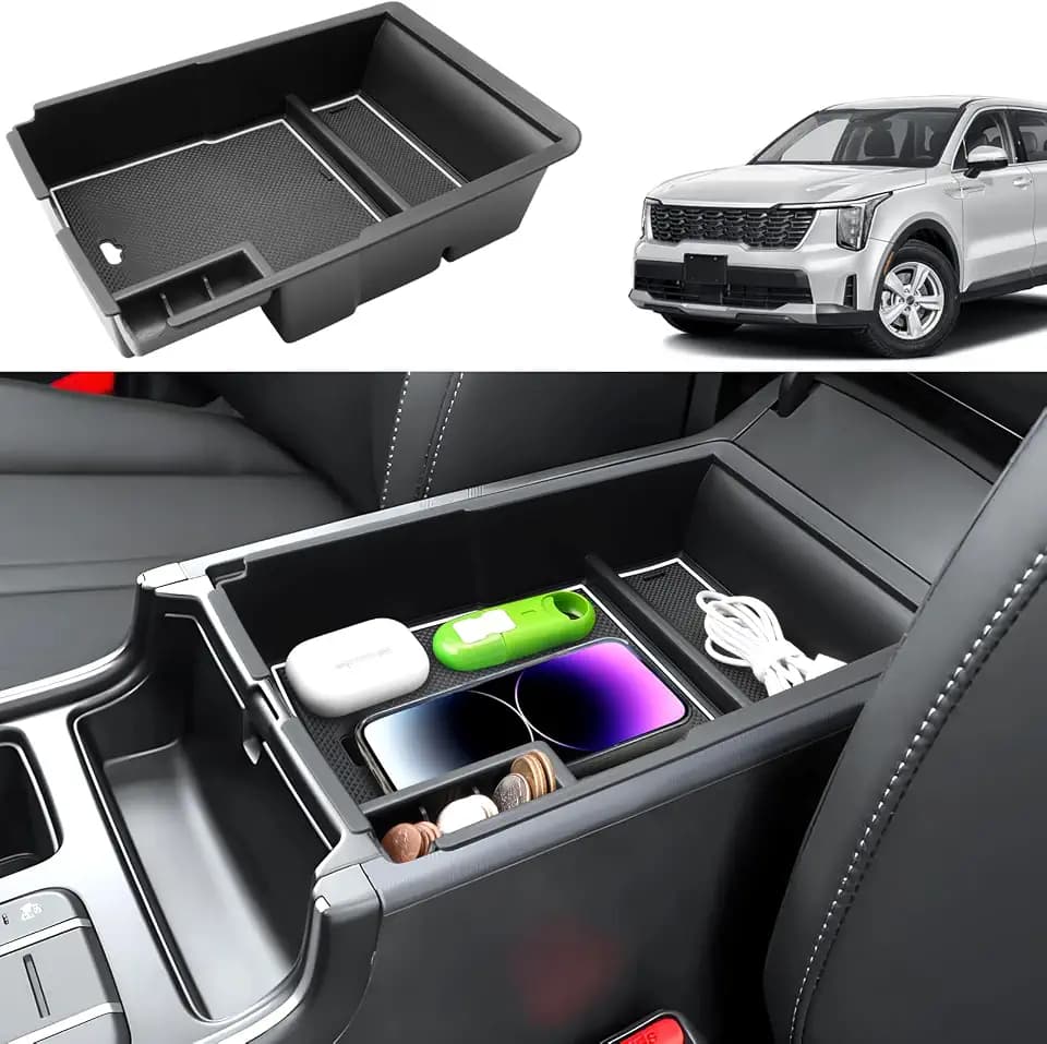 2024 2025 2026 Sorento Accessories Center Console Organizer for Kia Sorento (All Trims), Durable ABS Plastic&Anti-Slip Rubber Console Tray Insert 2026 2025 Sorento X-Line (White Mats)
