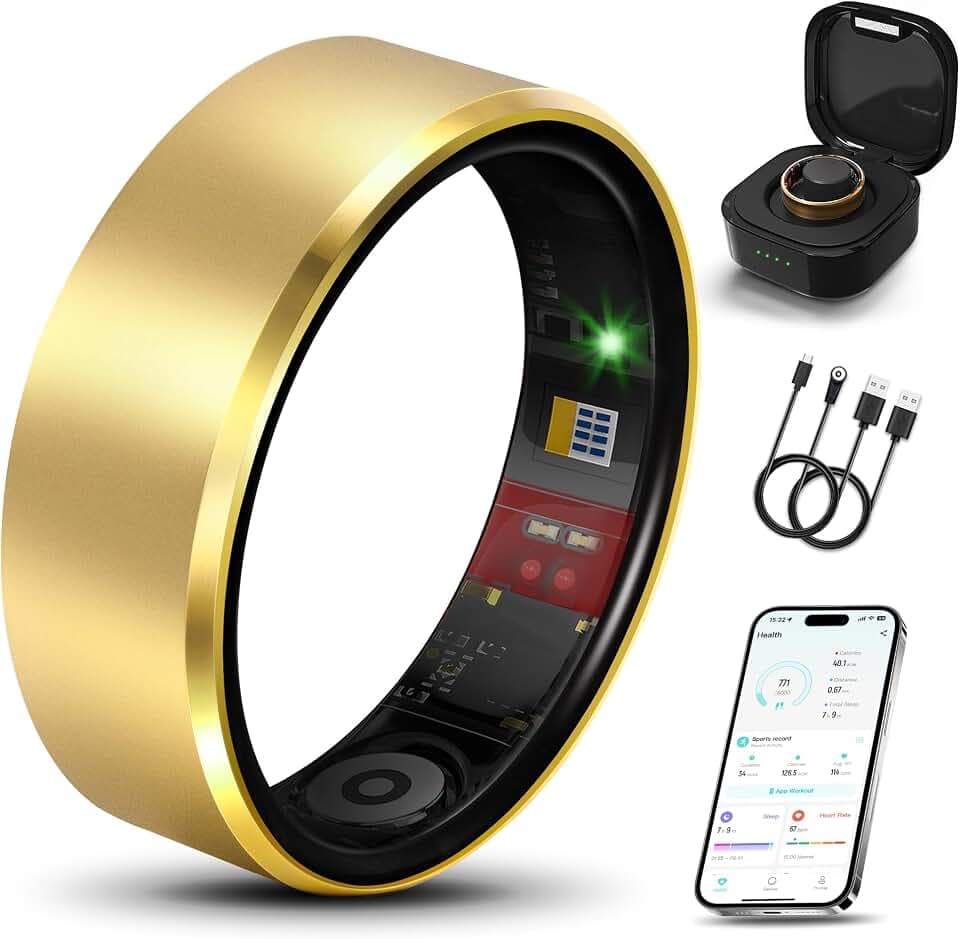 Smart Health Ring Fitness Tracker for Men Women, Sleep, Stress & Activity Monitoring, IP68 Waterproof, Long Lasting Battery, No Subscription Fees, Compatible with iOS & Android, Old Gold 10