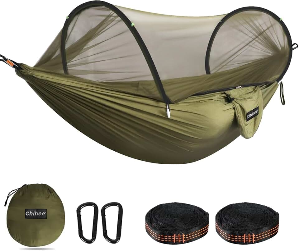 Chihee Ultra-Light Travel Camping Hammock Pop-up Net Hammock 660lbs Load Capacity,Breathable,Quick-Drying Parachute Nylon 2 Premium Carabiners,2 Tree Slings Included for Outdoor Backpacking Hiking