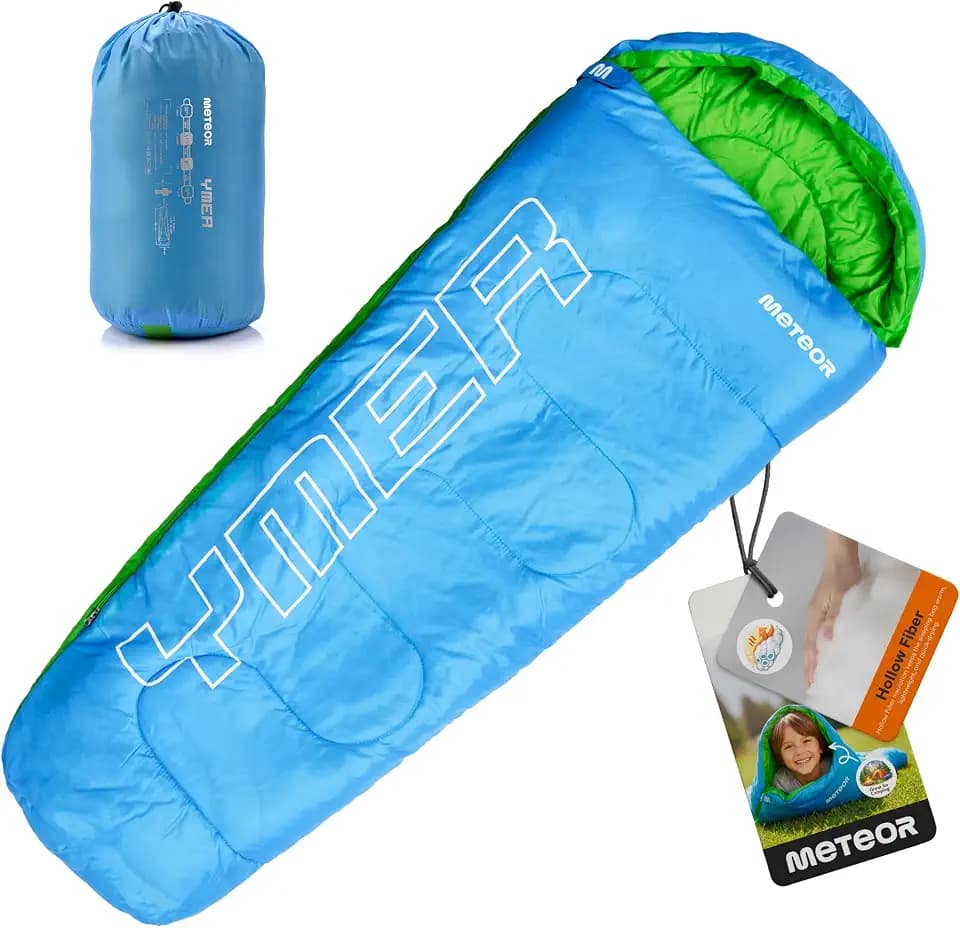 meteor Ymer Ultraleicht Kinderschlafsack – Temperaturbereich –5 °C bis 11 °C – komfortabler Schlafsack für Kinder 155×50 cm mit Soft Innenfutter – Mumienschlafsack für Kindergarten Übernachtungen