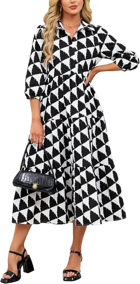 Women's Button Down Maxi Shirt Dress Collared 3/4 Sleeve Plaid Long Dress Casual Flowy V Neck Tiered Cotton Maxi Dress