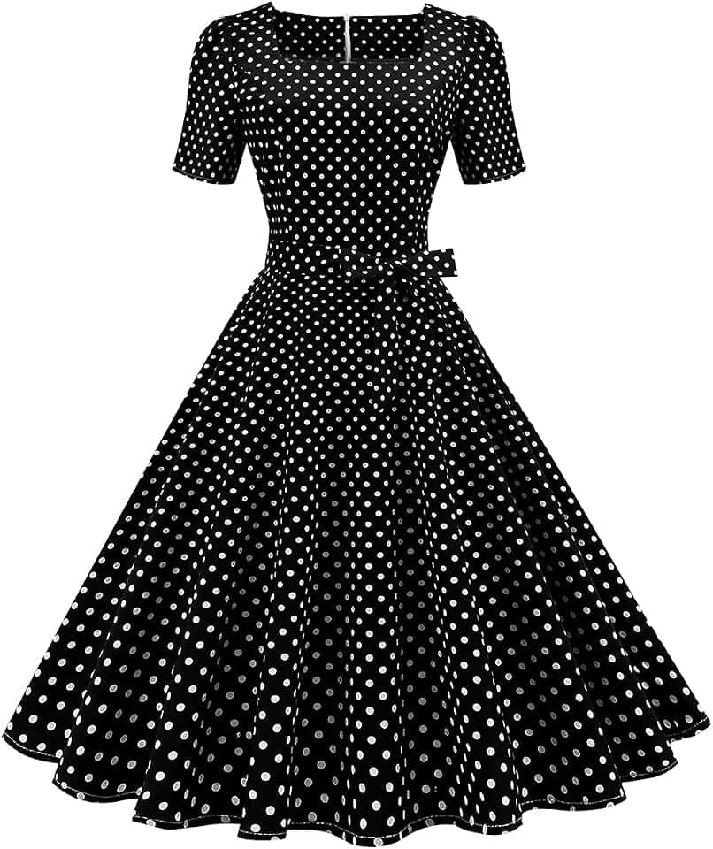 OBEEII Damen Cocktailkleid Abendkleid Vintage Retro 1950er Jahre Audrey Hepburn Pin-up Rockabilly Swing mit Punkten Kurzarm Chic und Elegant