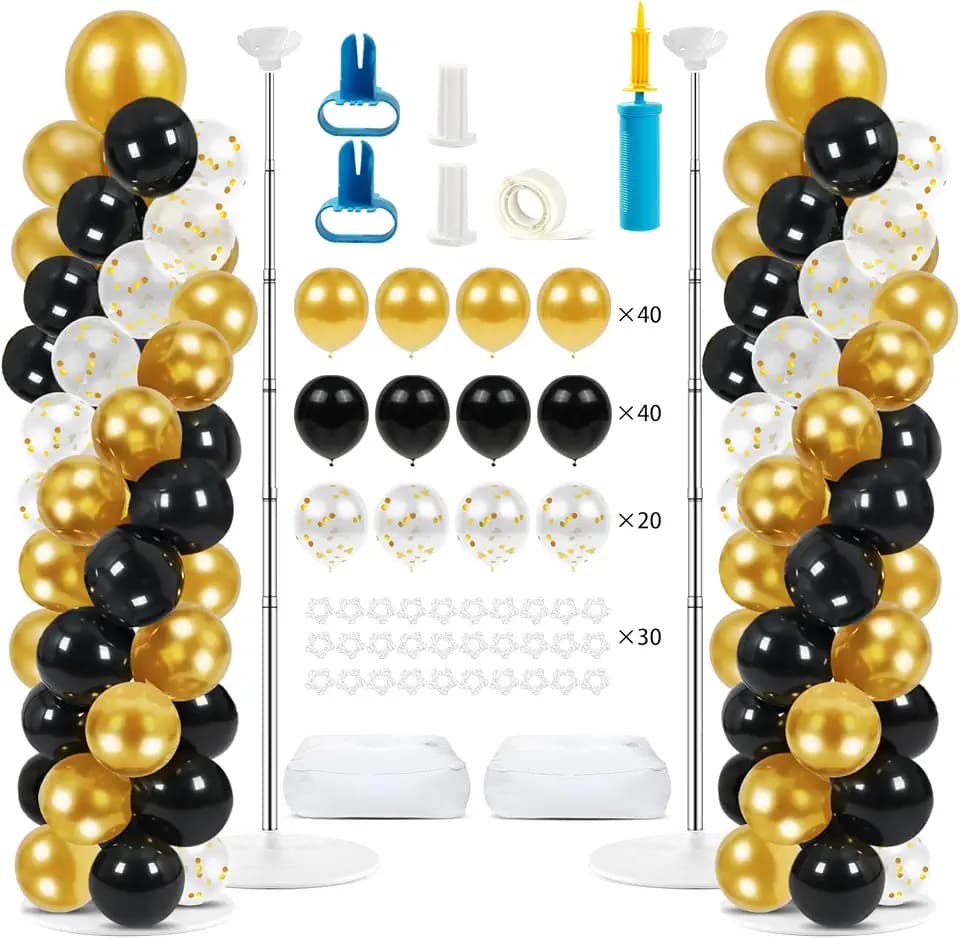 2 Pack Balloon Column Stand Kit 6.5FT, Include 100 Black and Gold Balloons