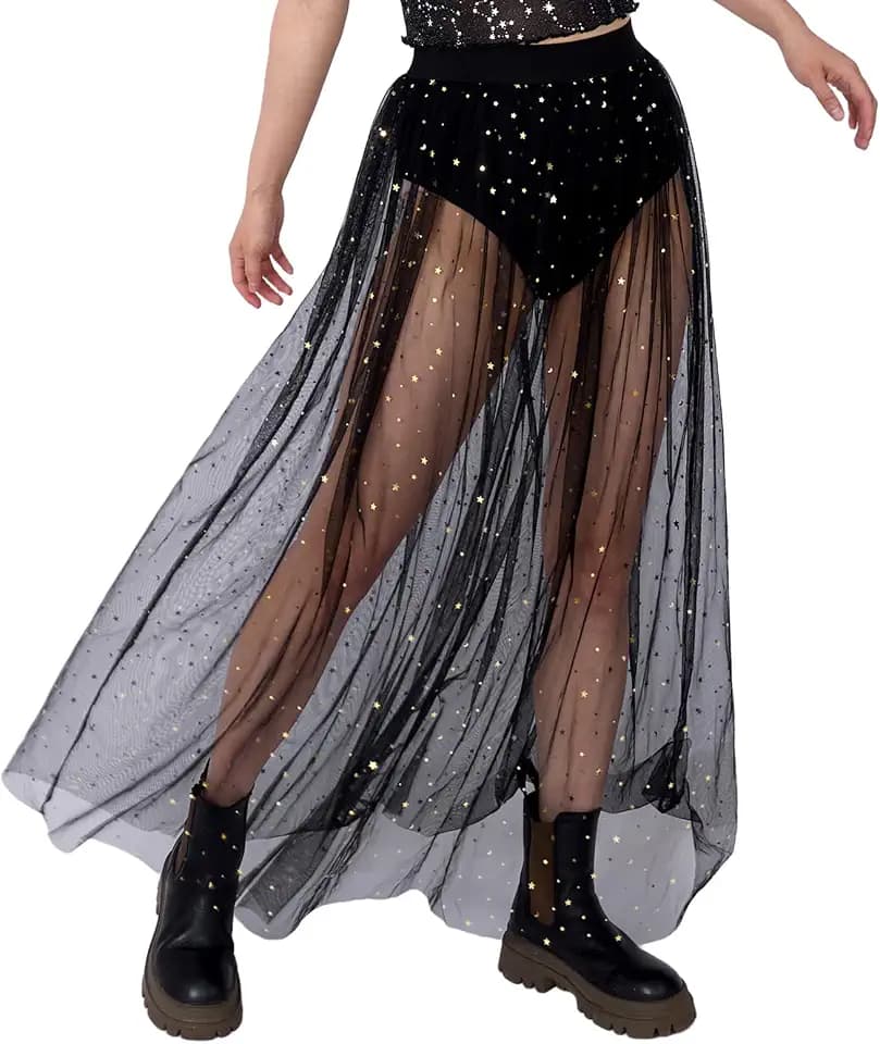 Sexy 2 in 1 Festival Outfit Damen, Schwarzer Transparent Mesh Rock, Tüllrock Glitzer Rock für Streetwear und Clubwear, Musikfestivals Party Rave Outfit Damen