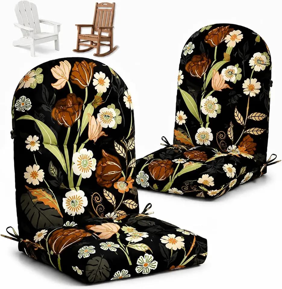 2Pcs Adirondack Chair Cushion Waterproof Indoor Outdoor Rocking Chair Cushion 44 Inches Patio High Back Chair Cushions Thickened Adirondack Rocking Chair Cushions with Ties, Black Peony