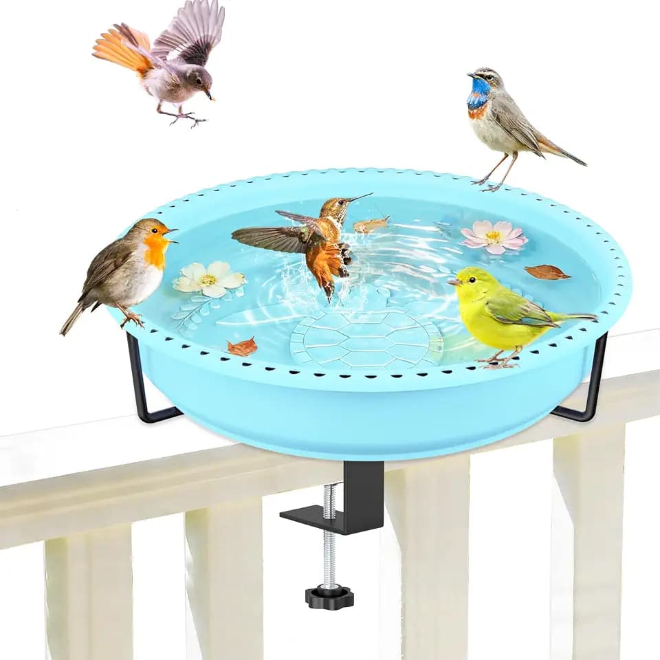 Bird Baths for Outdoors, Rustproof Metal Clamp Birdbaths & Birdfeeder with Detachable Plastic Basin, Outdoor Bird Feeding & Watering Station for Wild Birds Garden Patio Balcony (Blue)