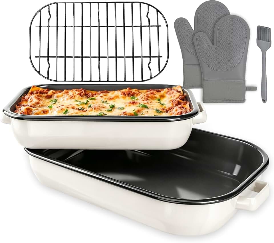 Enamel Turkey Roasting Pan with Rack Set, Casserole Dishes for Oven