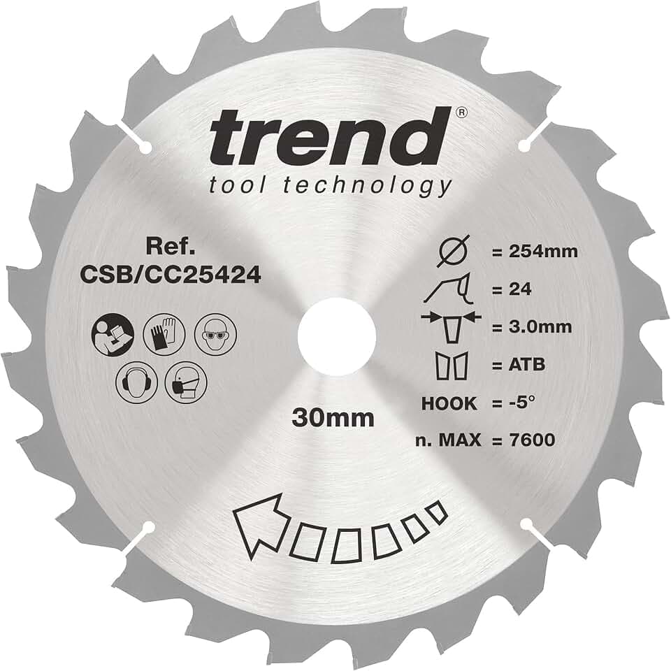 Trend Wood Gehrungssägeblatt, 254 mm Durchmesser, 30 mm Bohrung, 24 Zähne, 3 mm Schnittfuge, -5° Haken, TCT, grobe Oberfläche, CSB/CC25424