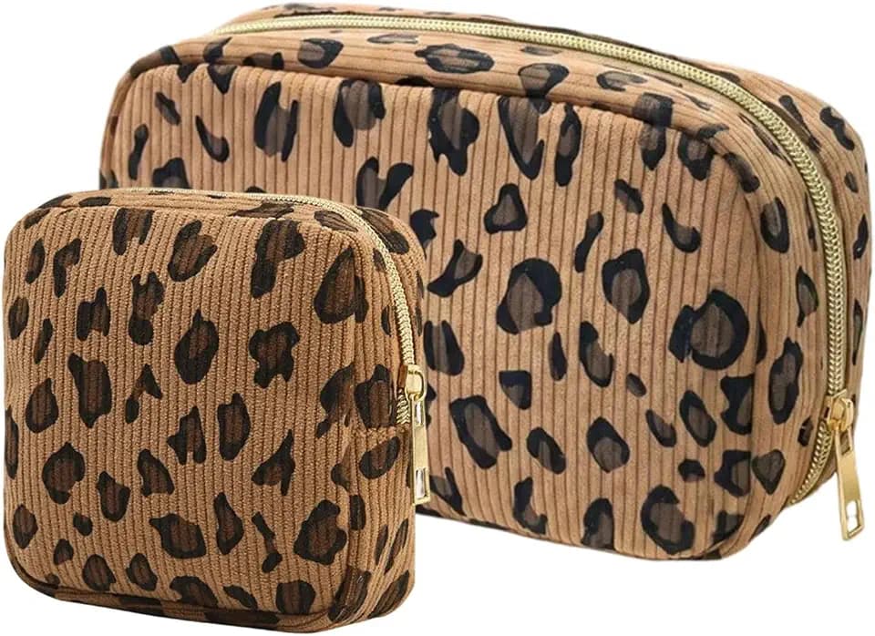 2 StüCk Kosmetiktasche Set Cord Make Up Tasche Cord Schminktasche Organizer Mittel Tasche + Kleine Pouch, Leicht, Leopardenmuster, Kosmetik Make Up Cosmetic Pouch FüR Reisen Alltag