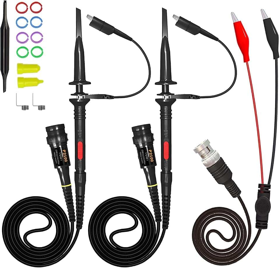 AUTOUTLET 2PCS P2100 100MHz Oszilloskop Probe Kit, Oszilloskop-Tastkopf mit BNC zu Krokodilklemme Messleitung Kit, 10: 1 und 1: 1 Umschaltbarer Hochpräziser Scope Oscilloscope Clip Probes