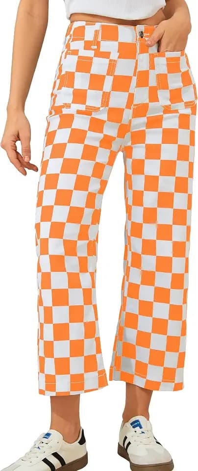 Odefou Cropped Jeans for Women Checkered Pants Casual High Waisted Stretchy Straight Leg Trousers with Pockets
