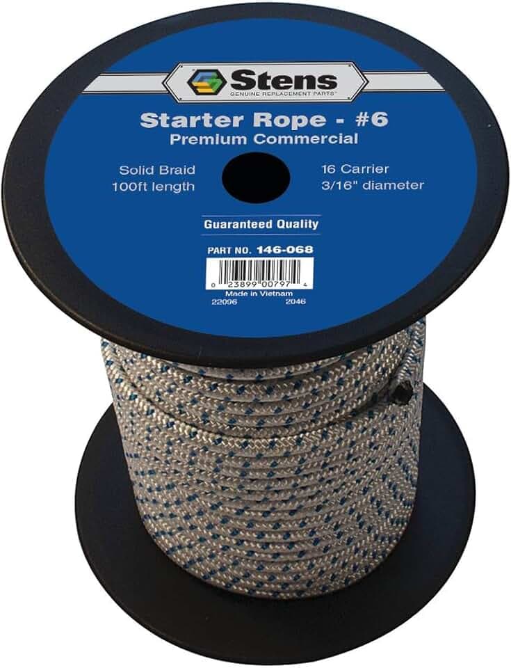 Stens 146-068 Starter Rope 3/16" Diameter, 100' Length, 6 Size - Stretch Rope for Leaf Engine and Weed Wacker, Pull Behind Tiller, Weed Cutter, Drag Harrow, and Pull Cord Rope - White Rope