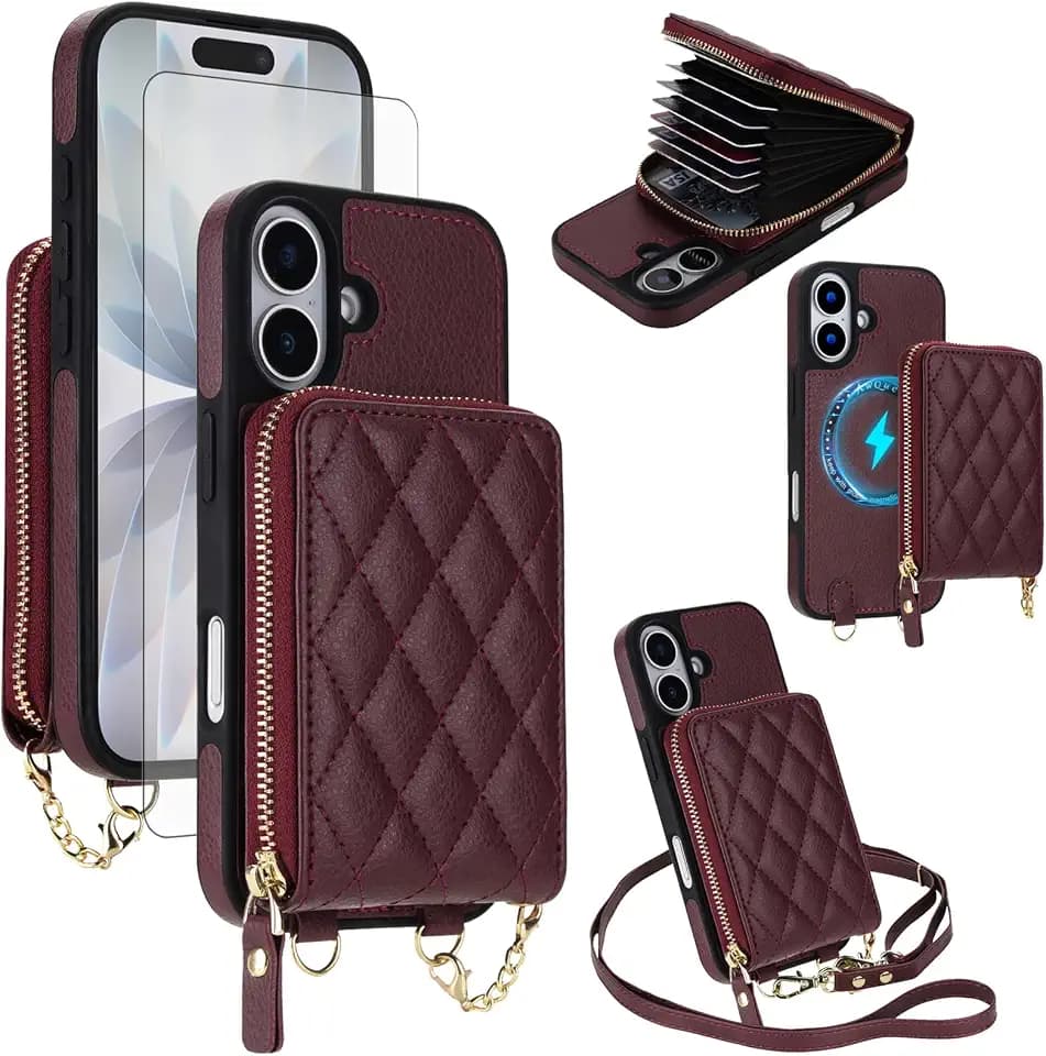 Asuwish Phone Case for iPhone 17 6.3 inch 2-in-1 Magnetic Detachable Zipper Wallet Cell Cover with Screen Protector Crossbody Strap RFID Blocking Credit Card Holder i Phone17 i17 17Case Women Wine Red
