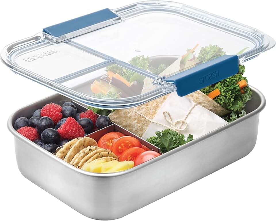 Smash Stainless Steel Bento Lunch Box, 3 Compartments, Blue, 1300ml