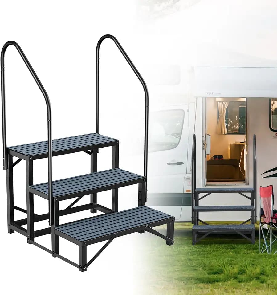Rv Steps with Handrail 3 Step, Hot Tub Steps with Anti-Slip Mats