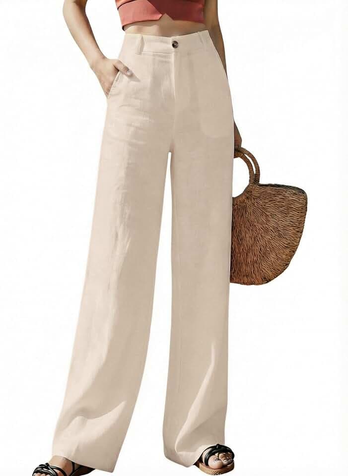 Hooever Lässige Damenhose mit hoher Taille, weitem Bein, Knopfleiste, gerades Bein