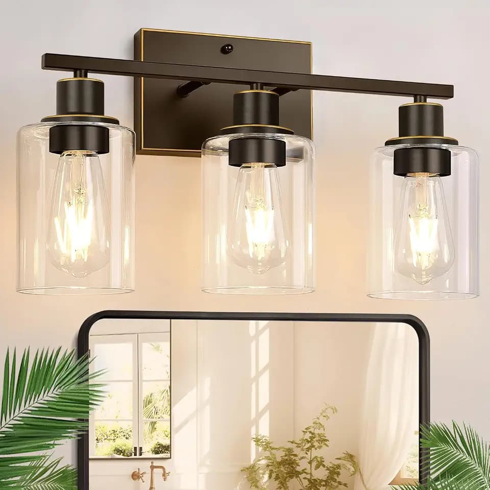 Indoi 3-Light Bathroom Light Fixtures, Oil-Rubbed Bronze Modern Vanity Lights with Clear Glass Shades, Bathroom Wall Lamp for Mirror Living Room Cabinet Bedroom Porch