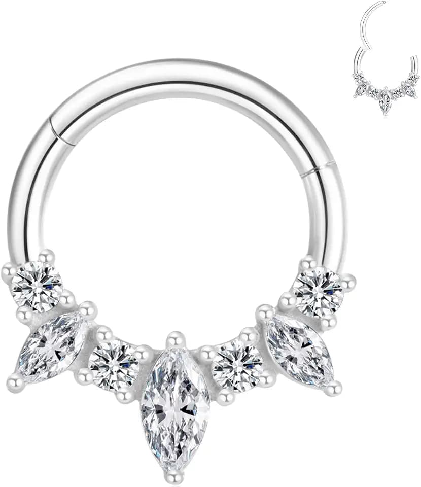 16G Septum Ring Surgical Steel Daith Earring, Septum Jewelry for Septum Piercing, CZ Gemstone Septum Clicker Daith Piercing Jewelry
