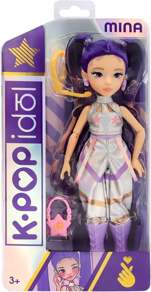 K-POP Idol Mina Fashion Doll – 10.2" Lead Vocalist with Purple Twin-Tail Hair, 3 Themed Accessories, Poseable Joints, and Starlight Performance Outfit – K-Pop Style Box for Kids Ages 3+