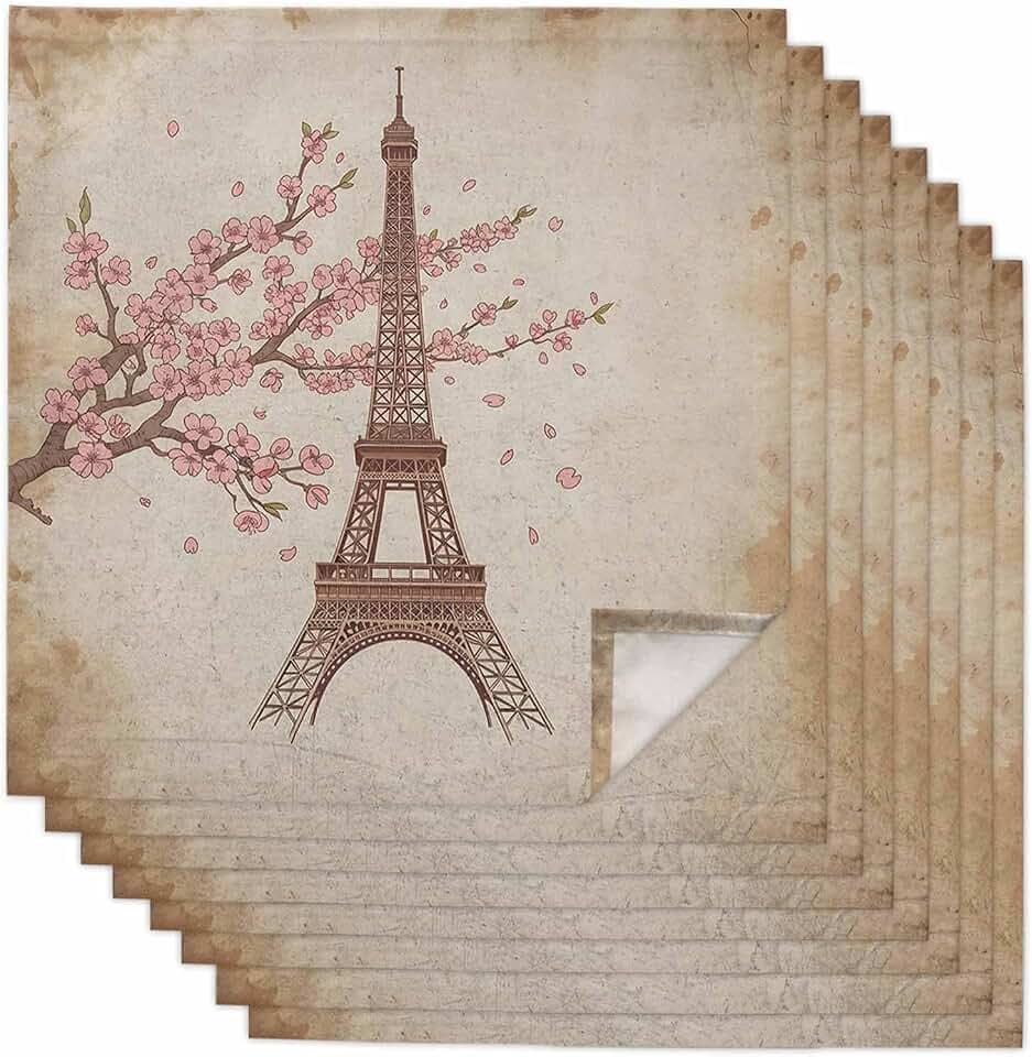 Pink Floral Cloth Napkins, Vintage Towers Retro Art Washable and Reusable Dinner Napkins Set of 8, Table Napkin for Kitchen Party Birthday Wedding Hotel Housewarming 20"x20"