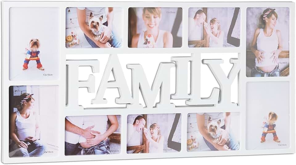 Relaxdays Bilderrahmen Familie, Fotorahmen für 10 Bilder, Collage Family zum Hinhängen, HxBxT: 36,5 x 72 x 2 cm, weiß