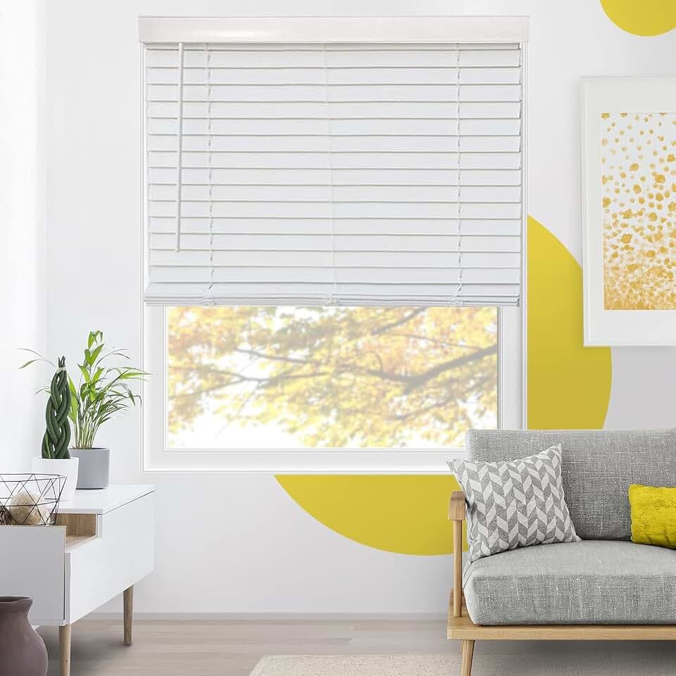Cordless Faux Wood Blinds, Wooden Blinds for Indoor Windows, Basic White, 16" W x 60" H by YELLOW BLINDS
