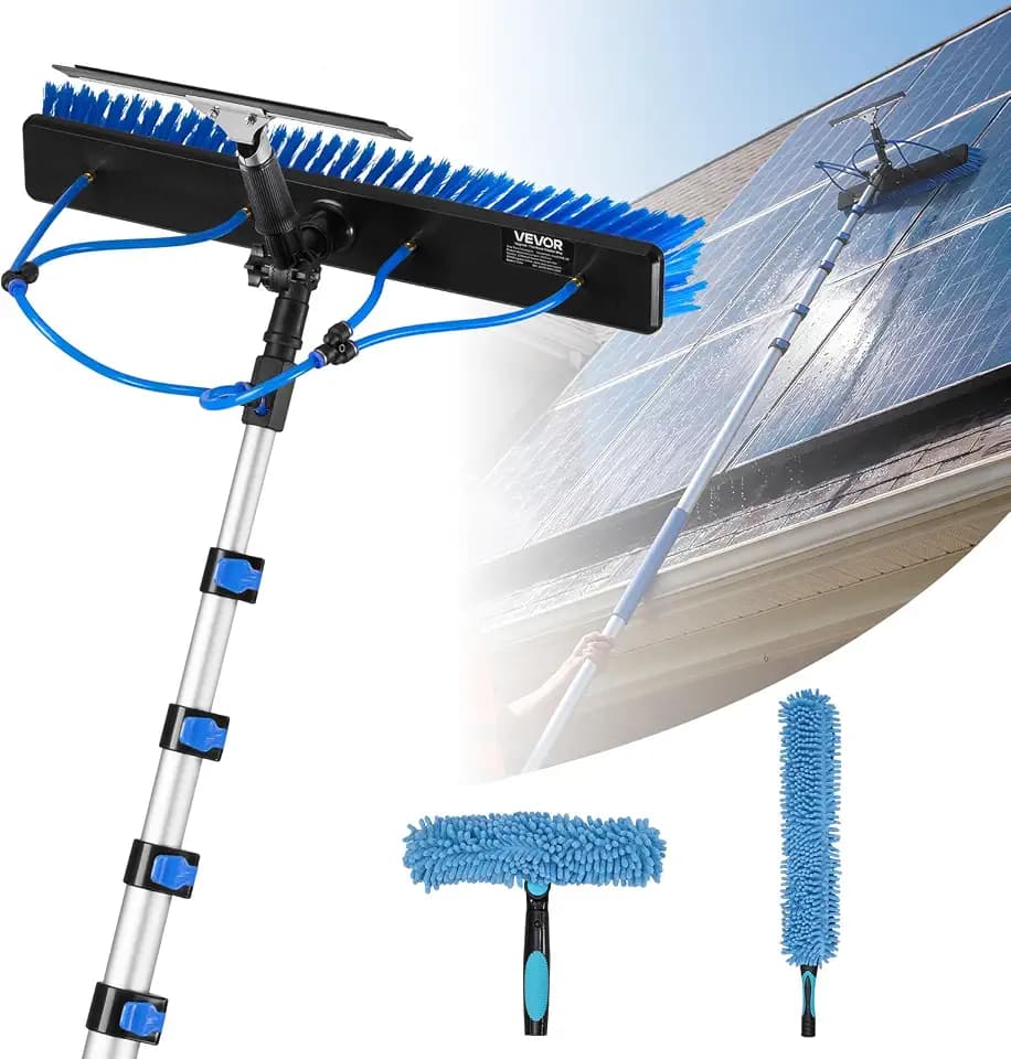 VEVOR Solar Panel Cleaning Kit, 33 ft, Water Fed Pole Kit with Cleaning Brush, Squeegee, Soap Dispenser, Extendable Aluminum Telescopic Pole, 180° Rotatable Brush Head, for Roof Mounted Solar Panels