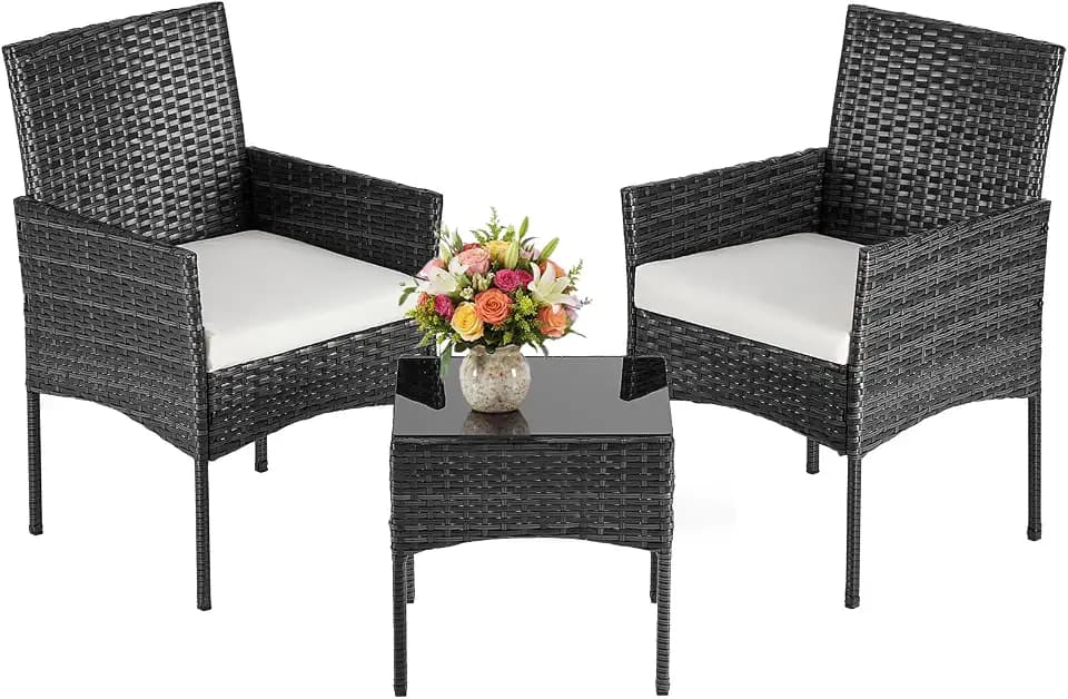 DUMOS Patio Furniture Set 3-Piece, Outdoor Wicker Bistro Set, Black