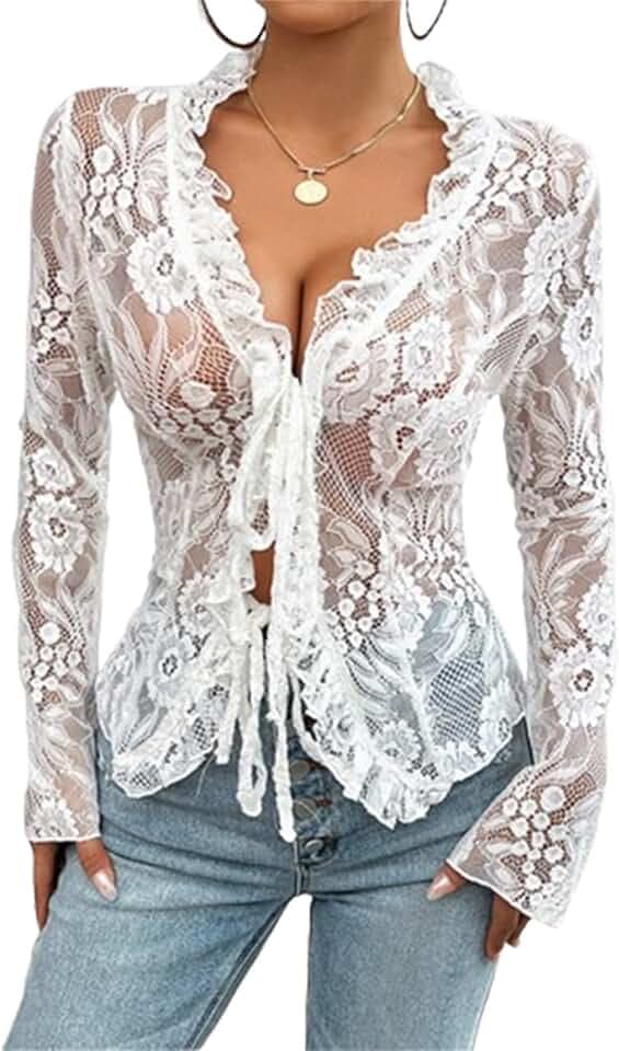 Lace Tops for Women Y2k Sexy Open Front Tie Long Sleeve Ruffle Trim See Through Mesh Crop Top Blouses Streetwear