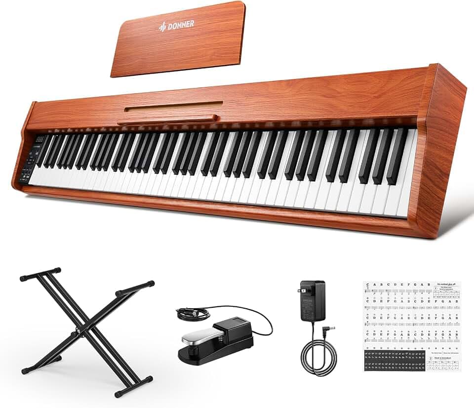 Donner DEP-1S Digitalpiano mit 88 Tasten, Anschlagdynamisches E-Piano für Anfänger, mit Bluetooth, USB-MIDI, 128 Klängen, 100 Rhythmen, Klappständer, Sustainpedal, Tastenaufkleber & Netzteil