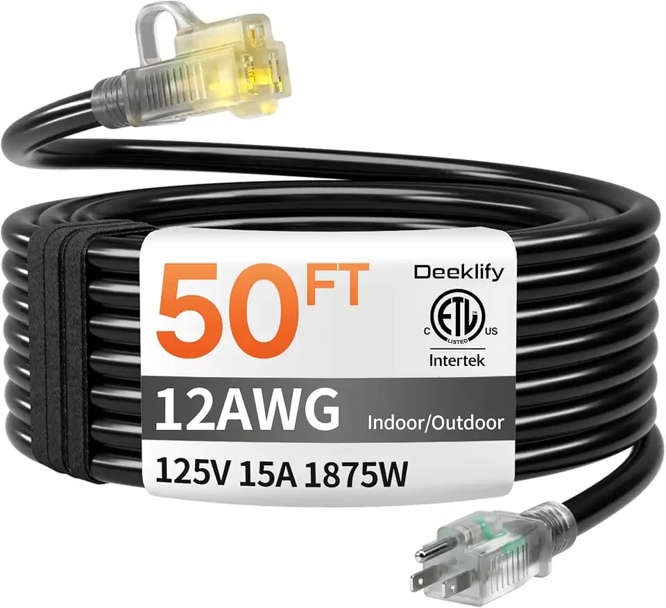 12 Gauge 50 FT Heavy Duty Outdoor Extension Cord Waterproof Black