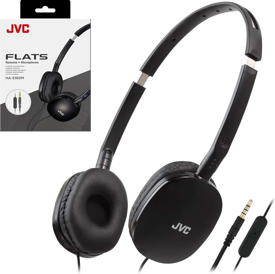 JVC Flats Foldable Colorful Flats On Ear Headphones with Remote and Microphone, 3.94 Foot Gold Plated 3.5mm Slim Plug - HAS160MA, Adjustable - Black
