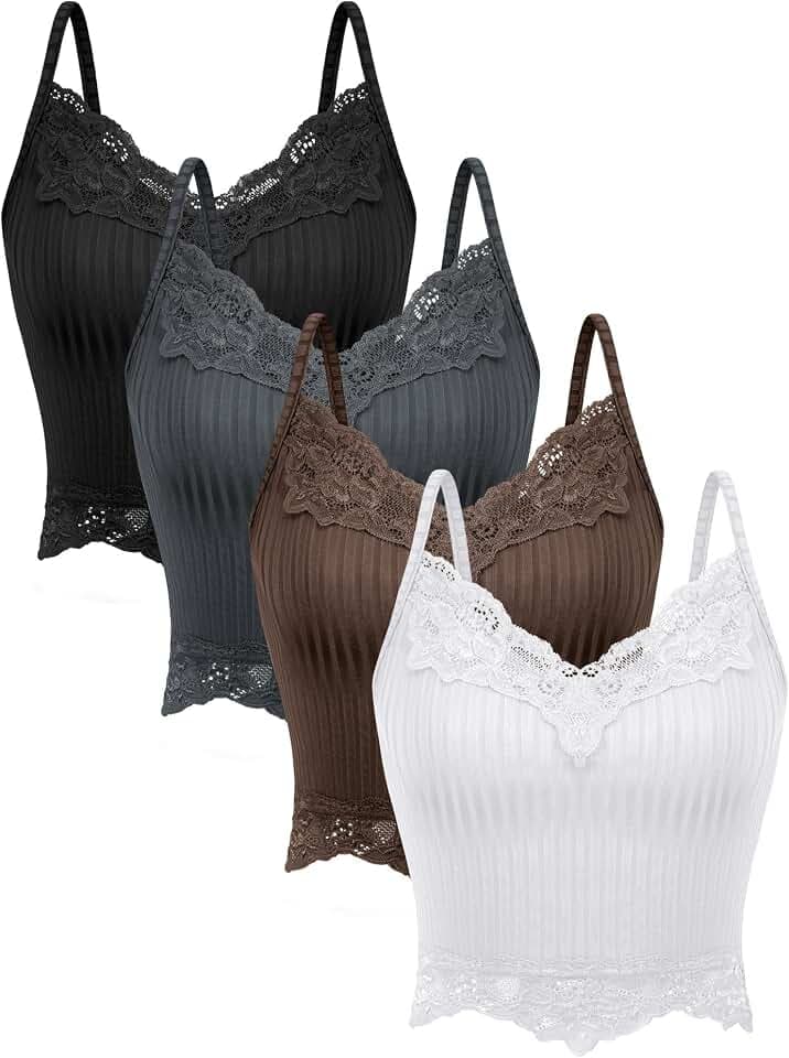 Bencailor 4 Stück Y2k Spitze Camisole Tank Tops Feen Grunge Gerippte Gestrickte Spitze Cami Crop Tops
