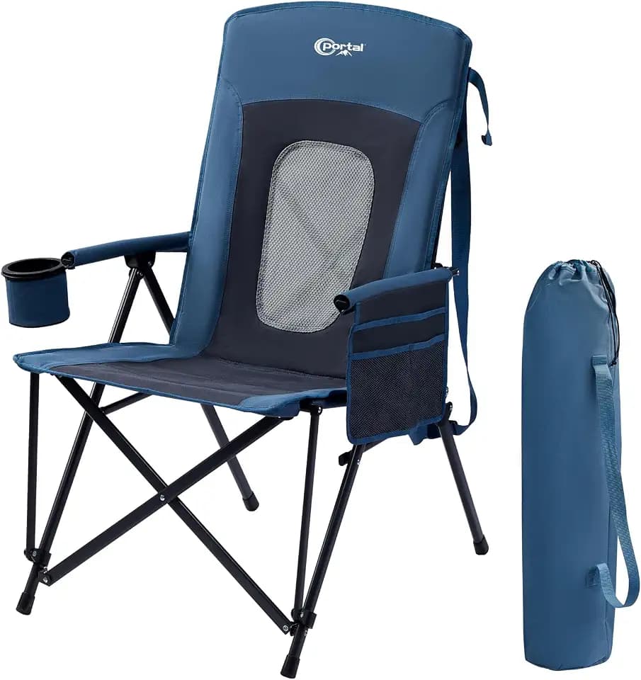Portal Oversized Folding High Back Portable Lawn Chairs for Adults Outdoor Camp Sports Hunting Fishing Backyard with Hard Armrest Cup Holder Carrying Strap, Supports 400LBS, Blue