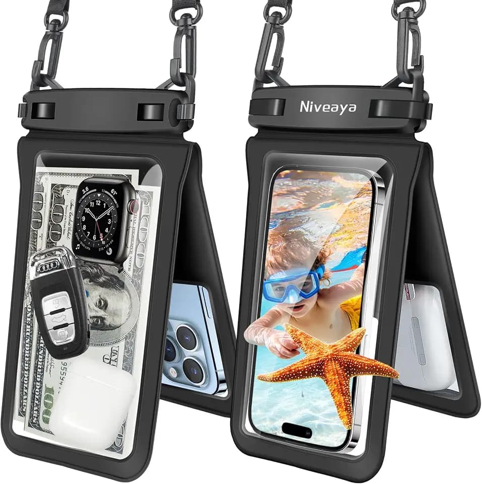 Niveaya Double Space Large Waterproof Phone Pouch, 2 Pack up to 8.3", Black