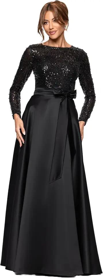 Xscape Women's Floor Length Long Sleeve Sequin Boat Neck Ball Gown with Satin Skirt and Bow Waist