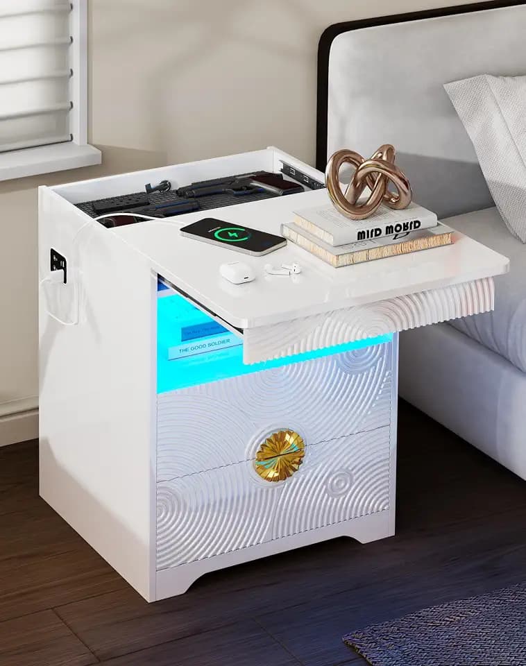 FREDEES Nnachttisch mit Verstecktem Schubfach - LED Nachtschrank mit 3 Farbigen Lichtern und Menschensensor, Nachttisch mit Ladestation, Modern Beistelltisch mit 2 Schublade, Weiß